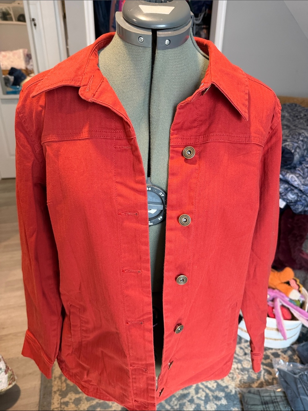 Denim&Co Red Orange Button-Front Jean Jacket Oversized XS (More S fit)